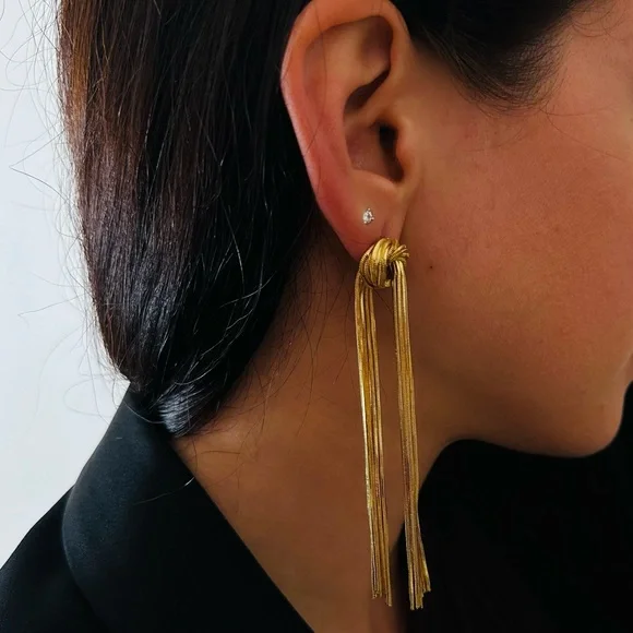 Gold Tassel Earrings Drop Dangle Knot Statement - Picture 2 of 6